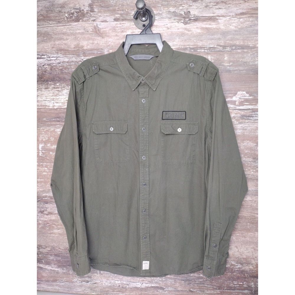 Harley Davidson Motorcycle Military Green Long Sleeve Button Up Shirt Mens